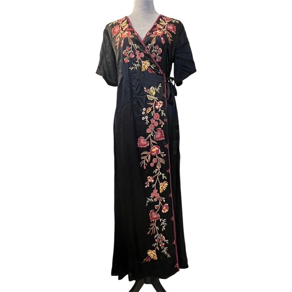 Johnny Was S Workshop Lilith Satin Floral Embroidered Wrap Dress Black Boho Chic - Picture 5 of 16